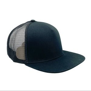 BLACK Flat Billed Trucker Hat Baseball Cap with part Mesh
